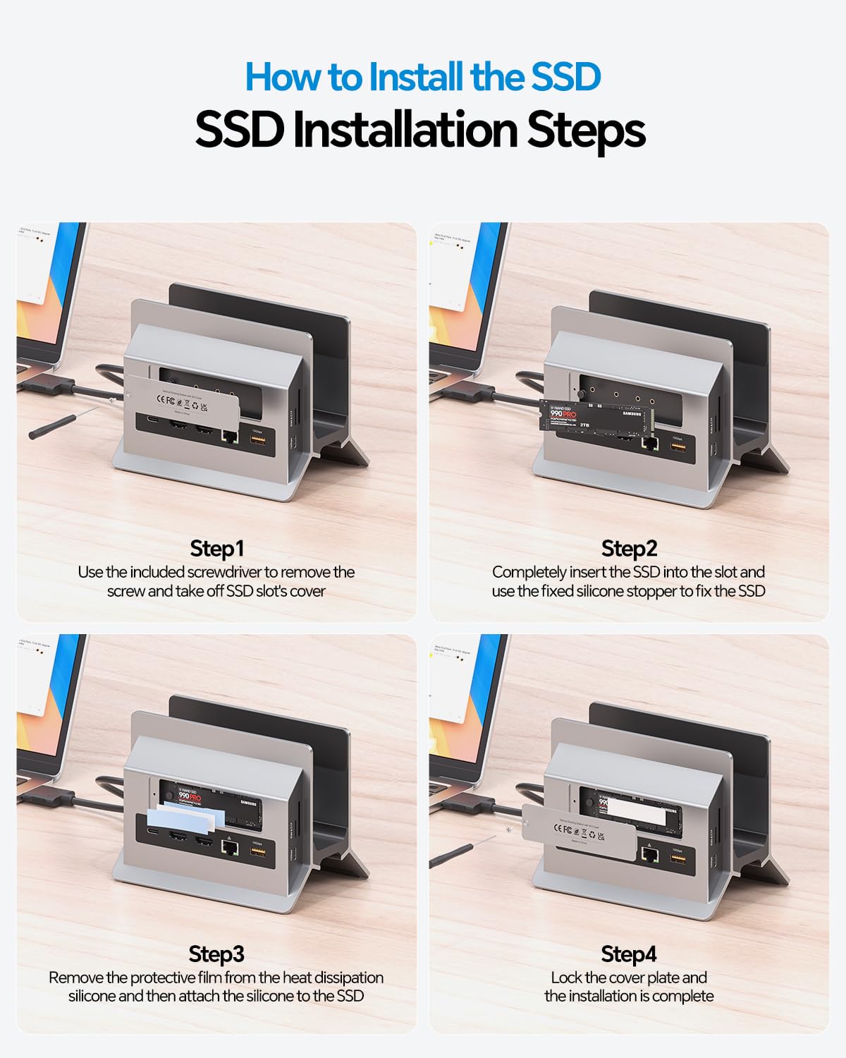 MacBook Dockingstation für Dual Monitore, Dual USB-C Laptop Docking Station mit 2 HDMI 4K@60Hz, USB A/C 10 Gbit/s, Ethernet, NVMe SSD Gehäuse, SD/TF Vertical Dock Ständer für MacBook Air/Pro M3 M4 M5 | PULWTOP Laptop Docking Station mit 2 HDMI, USB A/C 10
