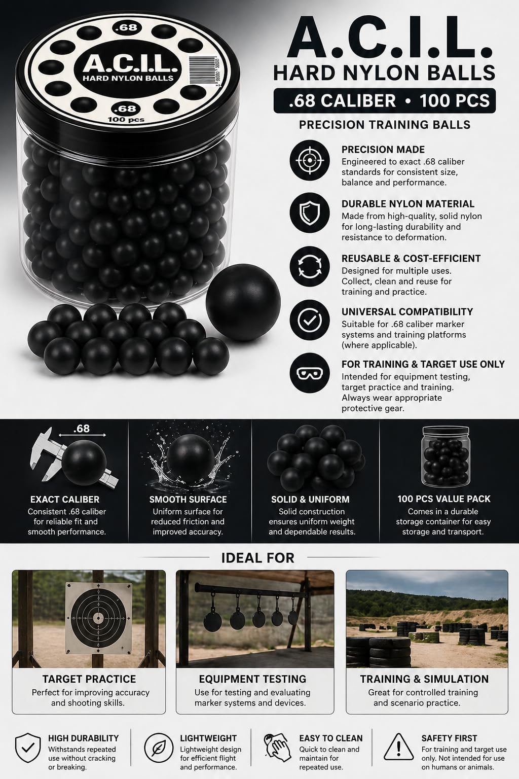A.C.I.L. 100 x Hard Nylon Precision Balls – .68 Caliber Reusable Training Balls for Target Practice & Marker Compatibility – Durable Solid Nylon Spheres (Black)