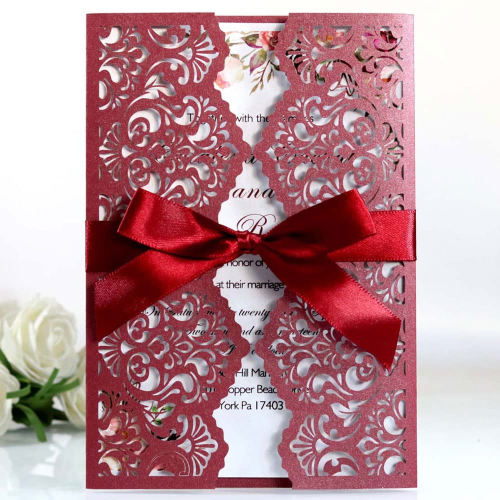 Delicada tarjeta de invitación de boda romántica D Paquete de 50, juego de papel imprimible en blanco y sobres for bodas, fiestas de cumpleaños, fiestas.(Rot,Blank)
