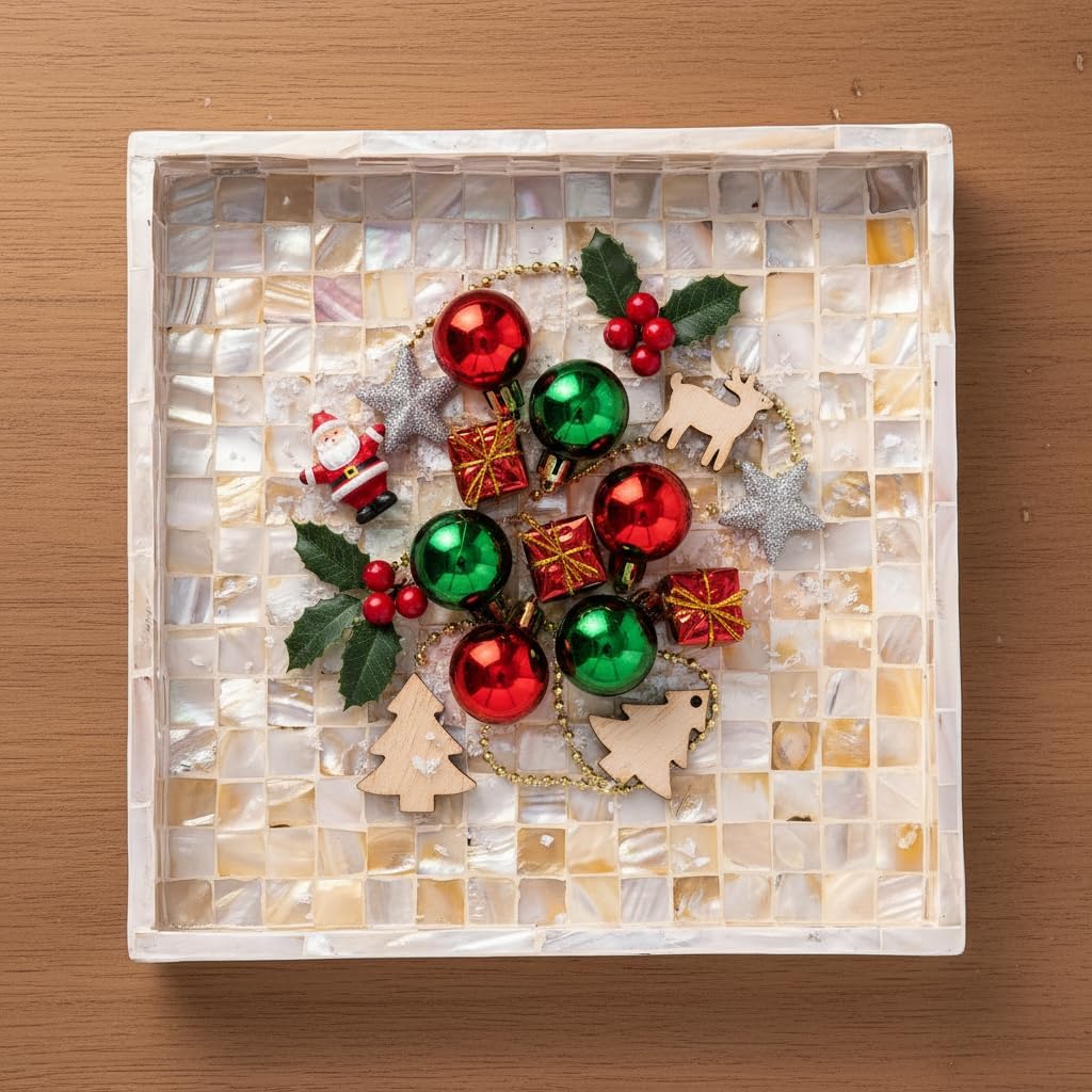 PEMAR 10" Mother of Pearl Catchall Tray for Coffee Table, Entryway, Nightstand. Square Serving Tray Wooden Luxury Decorative Handmade Eating Platters w Insert Handles (White Cream Squares Pattern) - Image 2