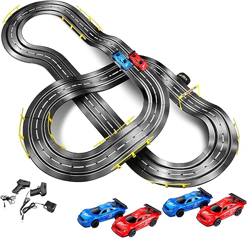 Pistas de carreras eléctricas de 16.4 ft, juego de pistas de carreras de coches de carreras de alta velocidad, incluye 4 coches de ranura Super Loop
