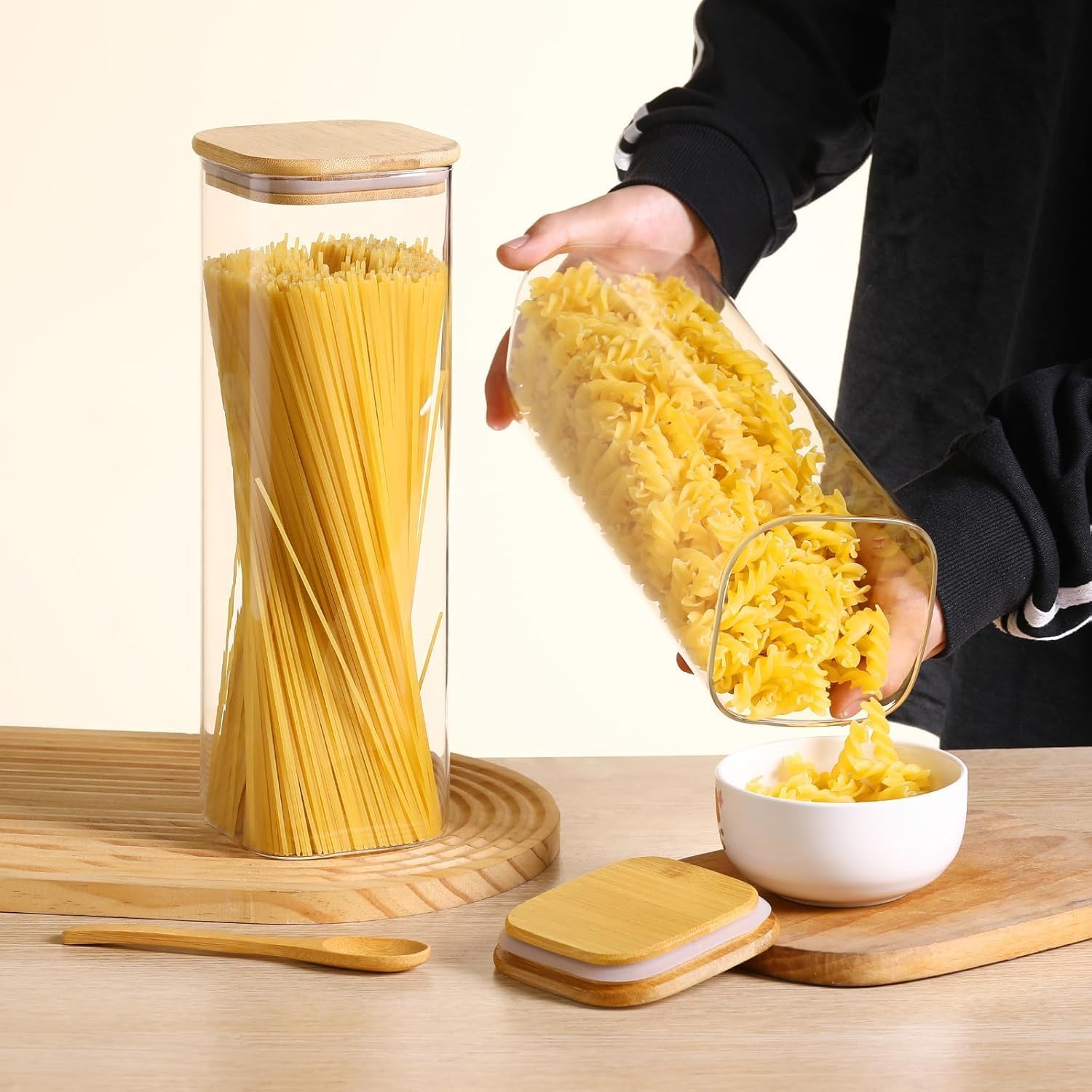 Barattoli in vetro da 2100 ml con coperchi in bambù, 3 contenitori ermetici da cucina per alimenti, cereali, set di barattoli per marmellata, pasta, spaghetti, tè, caffè, chicchi, biscotti