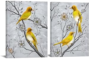 RyounoArt's Stunning Yellow and Gray Bird Art Sets: Vibrant Wall Decor for Your Home
