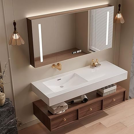 Modern Wall Mounted Floating Bathroom Vanity with Integrated Ceramic Sink, No Assembly Required, Hanging LED Intelligent Lighted Sensor and Demisting Mirror, Cabinet Spaces, 3 Soft Close Drawers