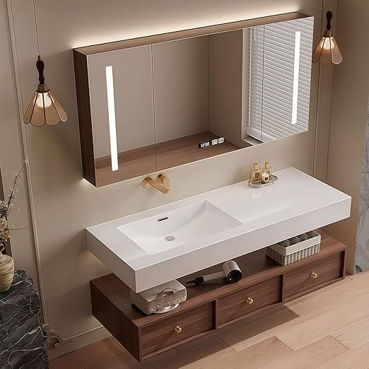 Modern Wall Mounted Floating Bathroom Vanity with Integrated Ceramic Sink, No Assembly Required, Hanging LED Intelligent Lighted Sensor and Demisting Mirror, Cabinet Spaces, 3 Soft Close Drawers