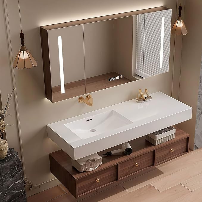 Modern Wall Mounted Floating Bathroom Vanity with Integrated Ceramic Sink, No Assembly Required, Hanging LED Intelligent Lighted Sensor and Demisting Mirror, Cabinet Spaces, 3 Soft Close Drawers