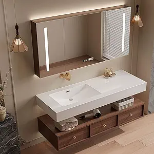 Modern Wall Mounted Floating Bathroom Vanity with Integrated Ceramic Sink, No Assembly Required, Hanging LED Intelligent Lighted Sensor and Demisting Mirror, Cabinet Spaces, 3 Soft Close Drawers