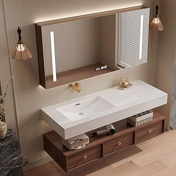Modern Wall Mounted Floating Bathroom Vanity with Integrated Ceramic Sink, No Assembly Required, Hanging LED Intelligent Lighted Sensor and Demisting Mirror, Cabinet Spaces, 3 Soft Close Drawers