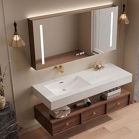 Modern Wall Mounted Floating Bathroom Vanity with Integrated Ceramic Sink, No Assembly Required, Hanging LED Intelligent Lighted Sensor and Demisting Mirror, Cabinet Spaces, 3 Soft Close Drawers
