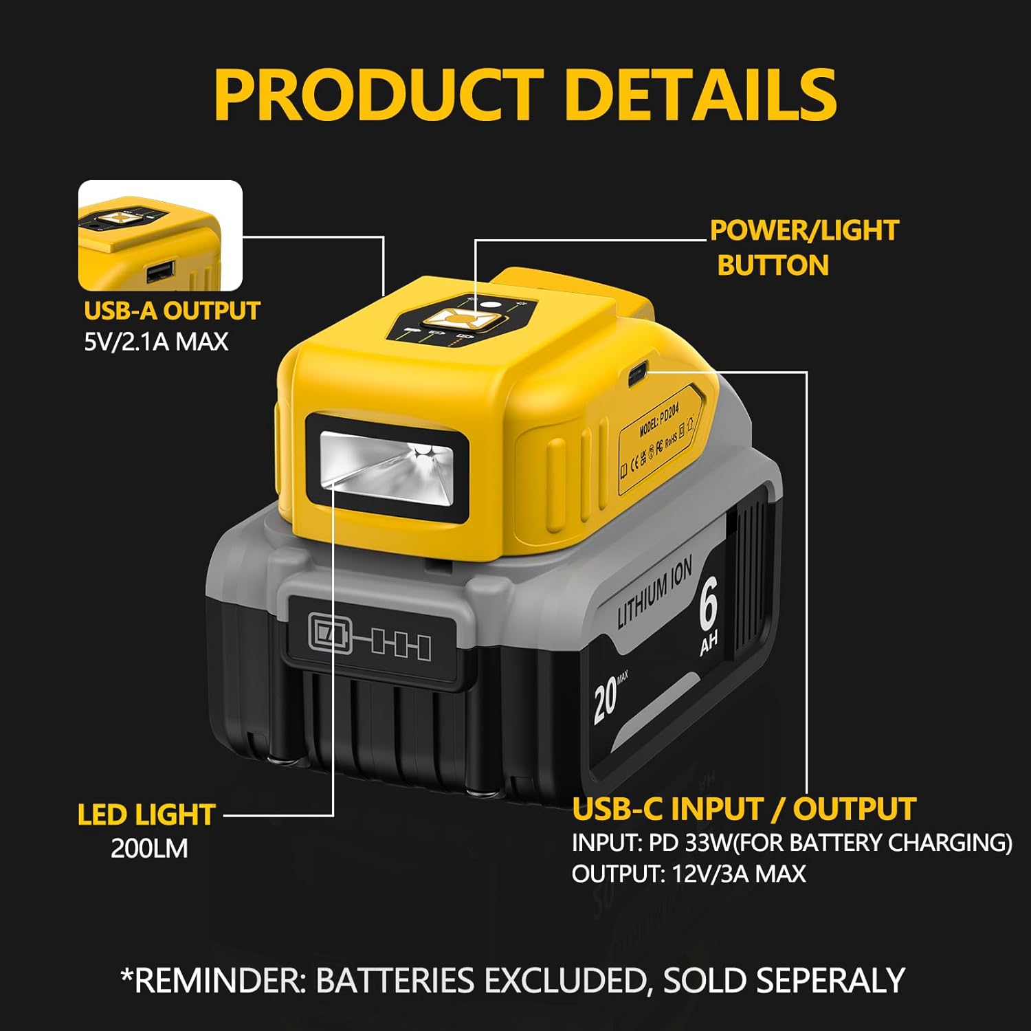 33W Battery Charger Adapter for DeWalt 20V MAX Battery, Generator Power Station Converter with USB-C Port & USB-A Port & LED Lights for Camping, Travel, Job Sites, Tool Only