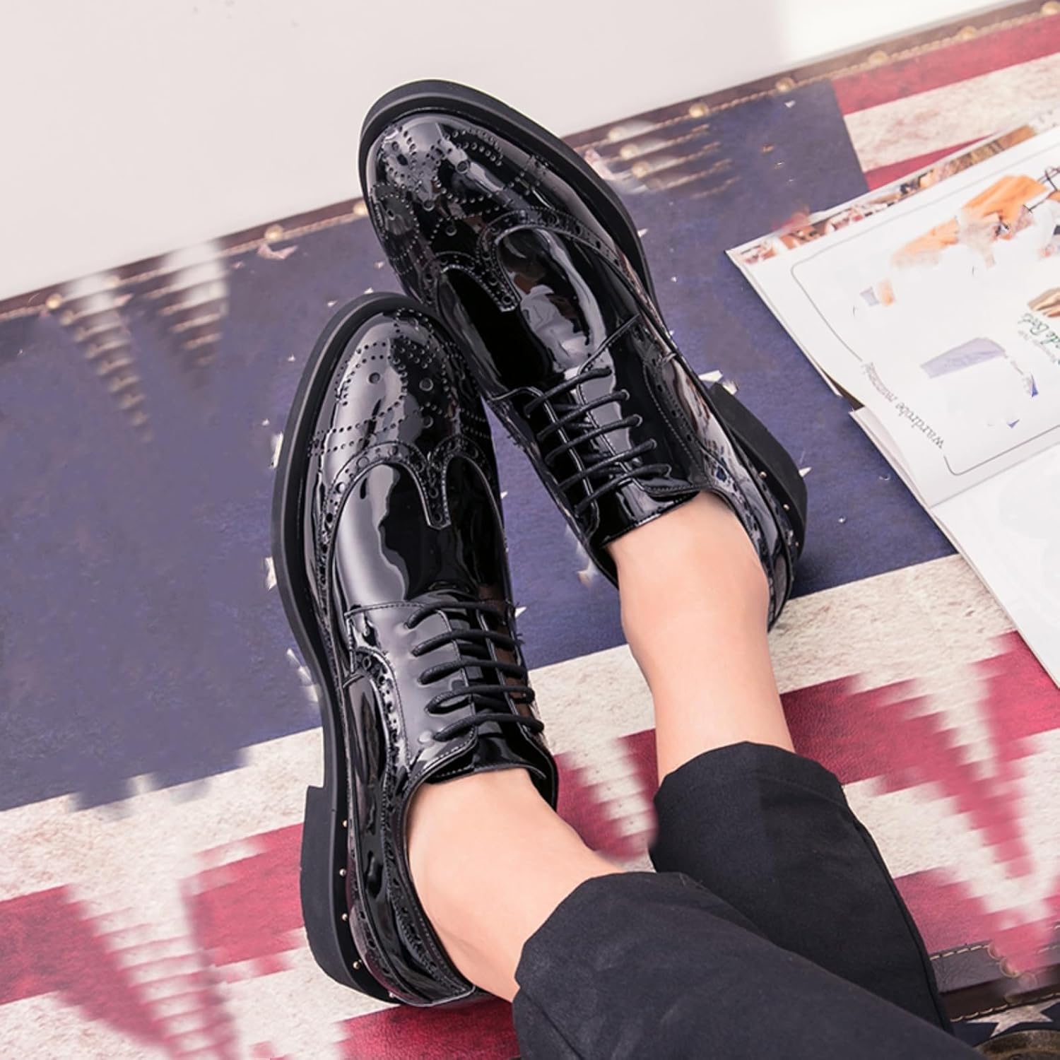 Men's Sparkle Patent Leather Brogue Wingtip Lace Up Dress Oxford Shoes Tuxedo Modern Round Toe Slip On Derby Shoes for Wedding Evening Party - Image 4