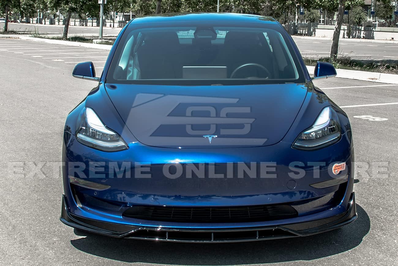 Replacement For 2017-2023 Tesla Model 3 | Performance Track Style ABS Plastic PAINTED GLOSSY BLACK Front Bumper Lower Lip Splitter
