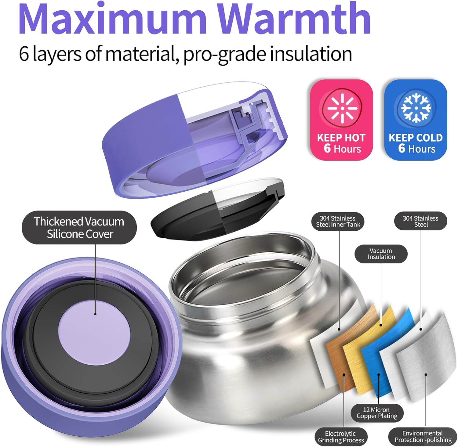 Bento Box for Kids with Thermos, [Large Capacity] Insulated Kids Lunch Box with 4 Compartment for Ages 3+, Drop-Proof & Dishwasher Safe Lunchbox Container Purple - Image 2