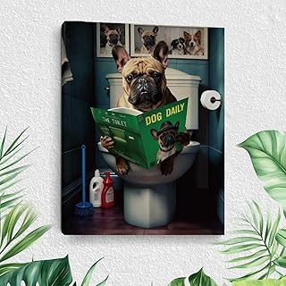 Lustige französische Bulldogge Badezimmer-Wandkunst, Hund liest Zeitung auf Toilette, Leinwand, Wanddekoration, gerahmtes Humorbild, WC, Badezimmer, Poster, Drucke, niedlicher Hundeliebhaber, Kunst