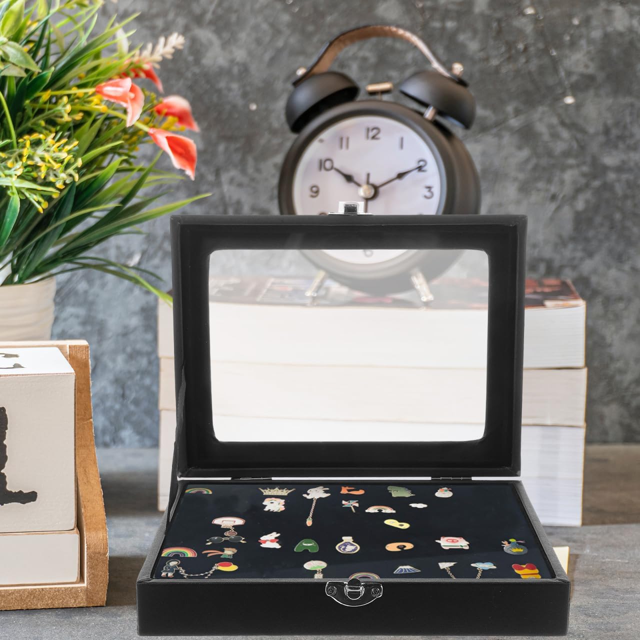 Frcolor Pin Display Case 7.87X5.90X1.77In Brooch Pin Storage Box with Lid Glass and Pu Organizer for Jewelry Medal Display Small Compact Holder