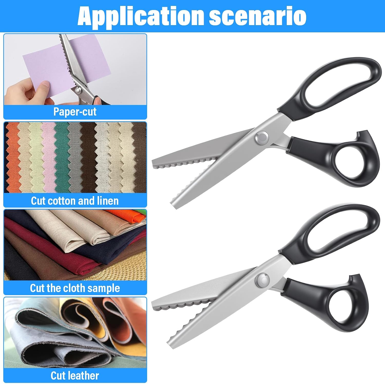 2 Pcs Pinking Shears Scissors for Fabric Cutting, Zig Zag Scissors For Fabric with 5mm Triangular & 7mm Scalloped Blades, 9 Inch Handheld Jagged Sewing Scissor for Leather, Paper, Craft (Black)