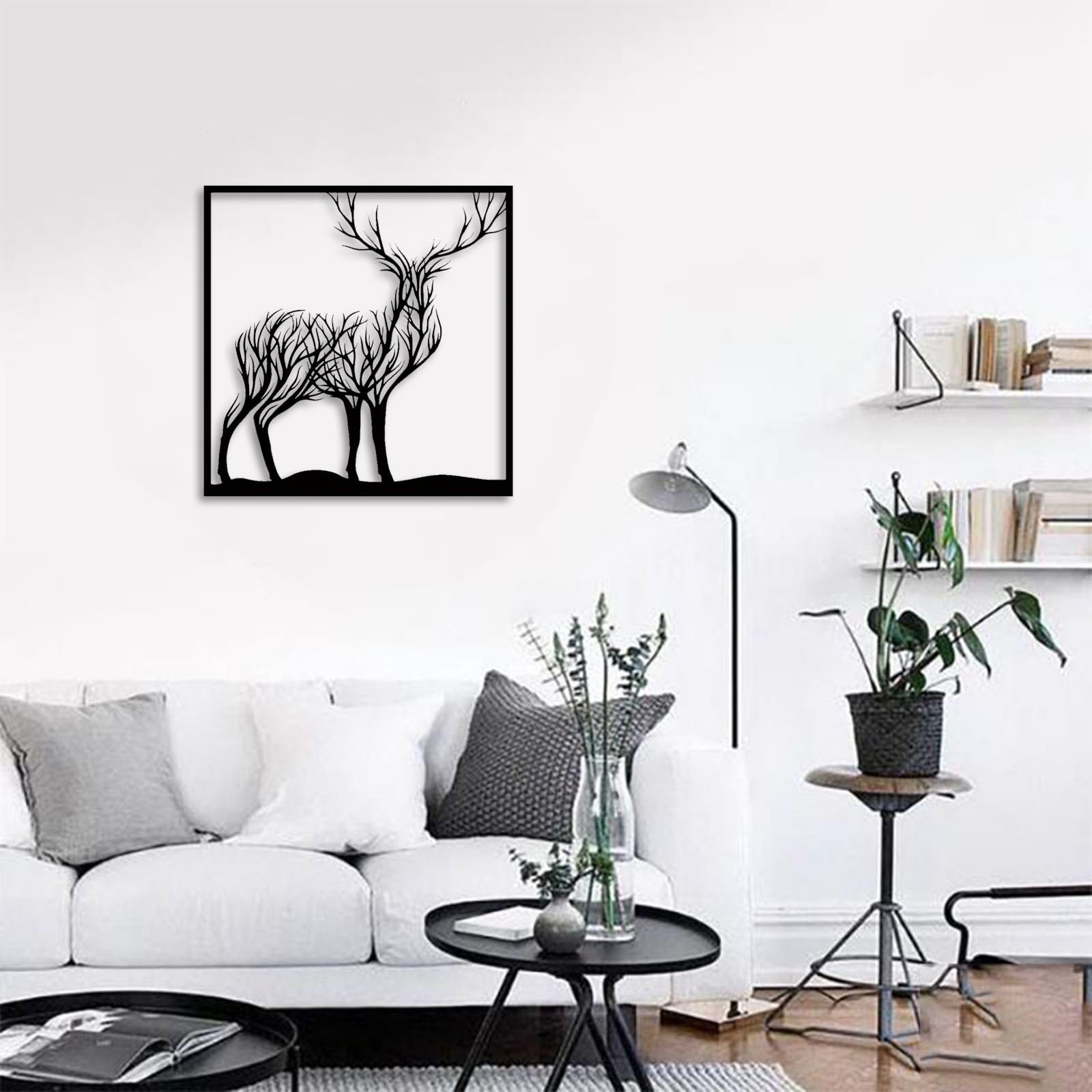 Decorazione artistica da parete in metallo con cervo incorniciato, nero, albero della vita da appendere, decorazione artistica da parete per sala da pranzo, soggiorno, camera da letto, fattoria, 50,8