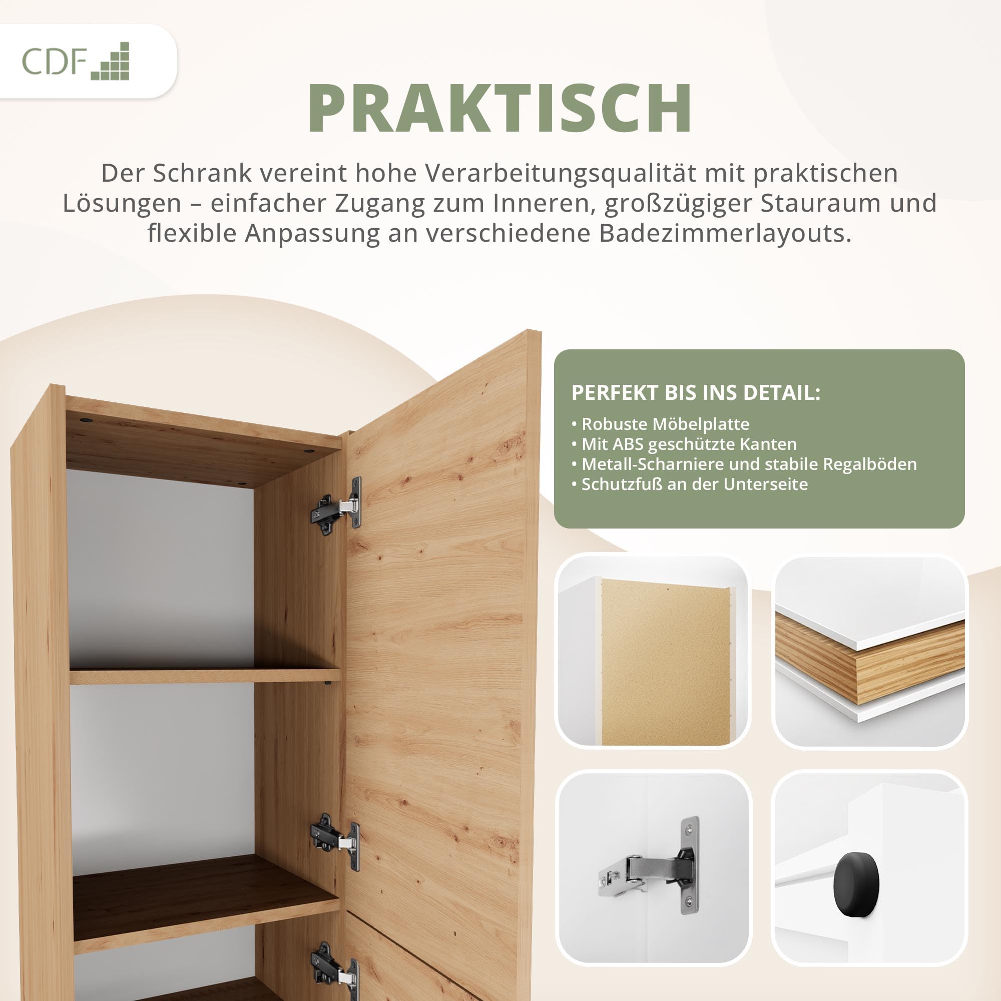 CDF Hochschrank SCHMAL HOCH-Schrank Badschrank 40cm Breit Badezimmerschrank | Nischenschrank Badmöbel für Kosmetik Handtücher Badezimmer Bad WC Toilette Flur Stehend Eiche Artisan | 30x40x170