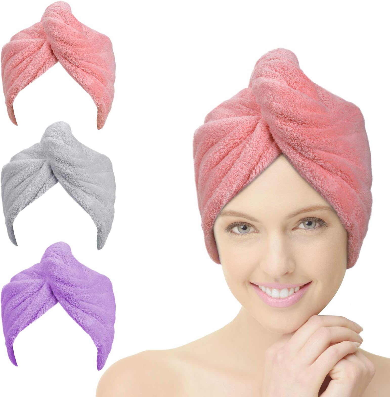 Hair Turban Towel, 3 Pack Hair Dry Cap, Soft Microfiber Hair Drying Towels, Super Absorbent Fast Dry Bath Head Wrap for Women (Pink & Purple & Grey)