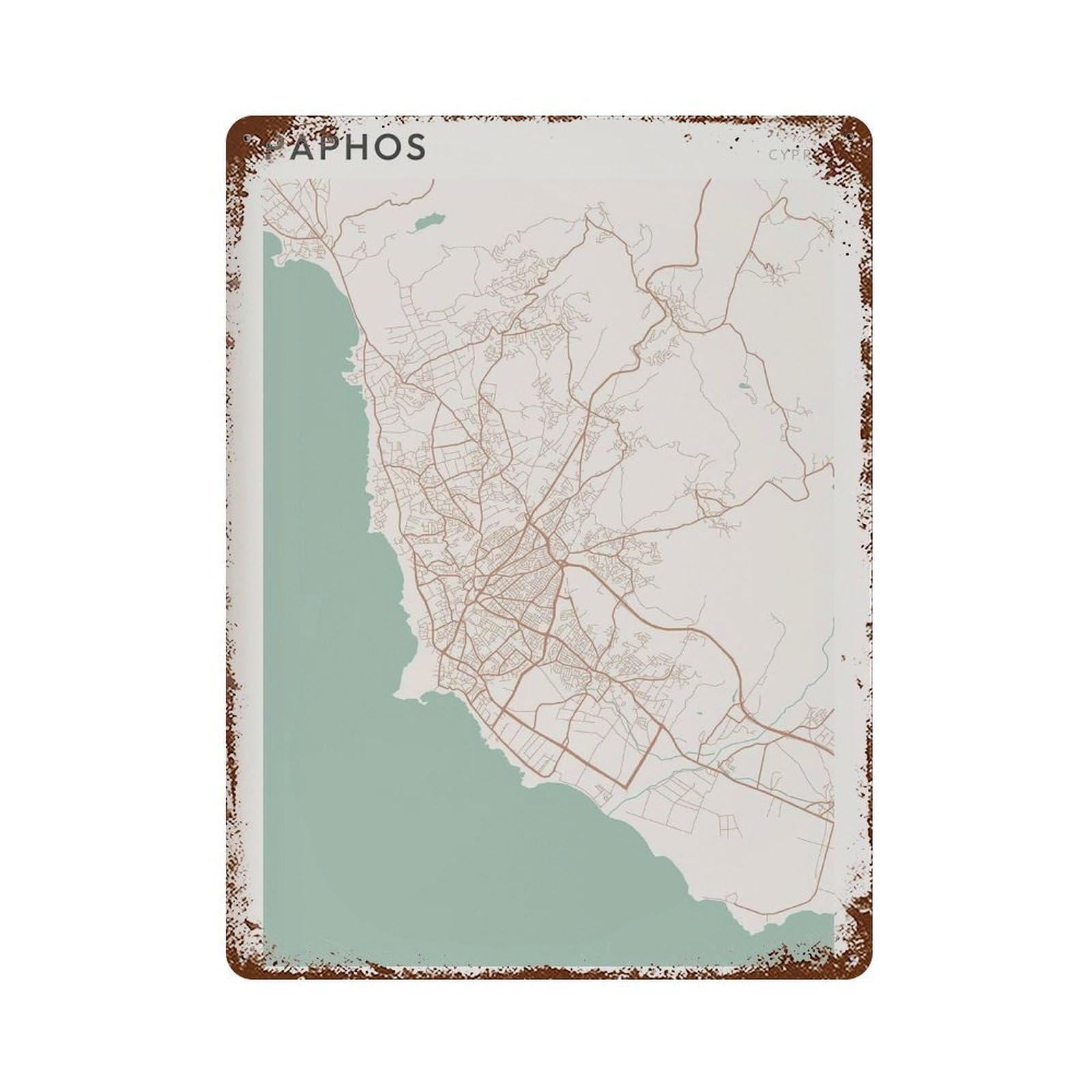 xiaoxiaoshen Paphos Map Cyprus Travel Gift Farmhouse Decor Wall Decor Art Metal Tin Poster Modern Home Decor Art Home Bar Shop Decorations Vintage Sign 40x30cm