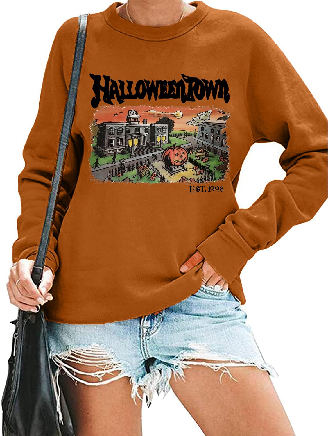 QIANRUOHalloween Town Est 1998 Sweatshirt Women Halloween Horror Spooky Graphic Tees Casual Fall Long Sleeve Pullover Tops