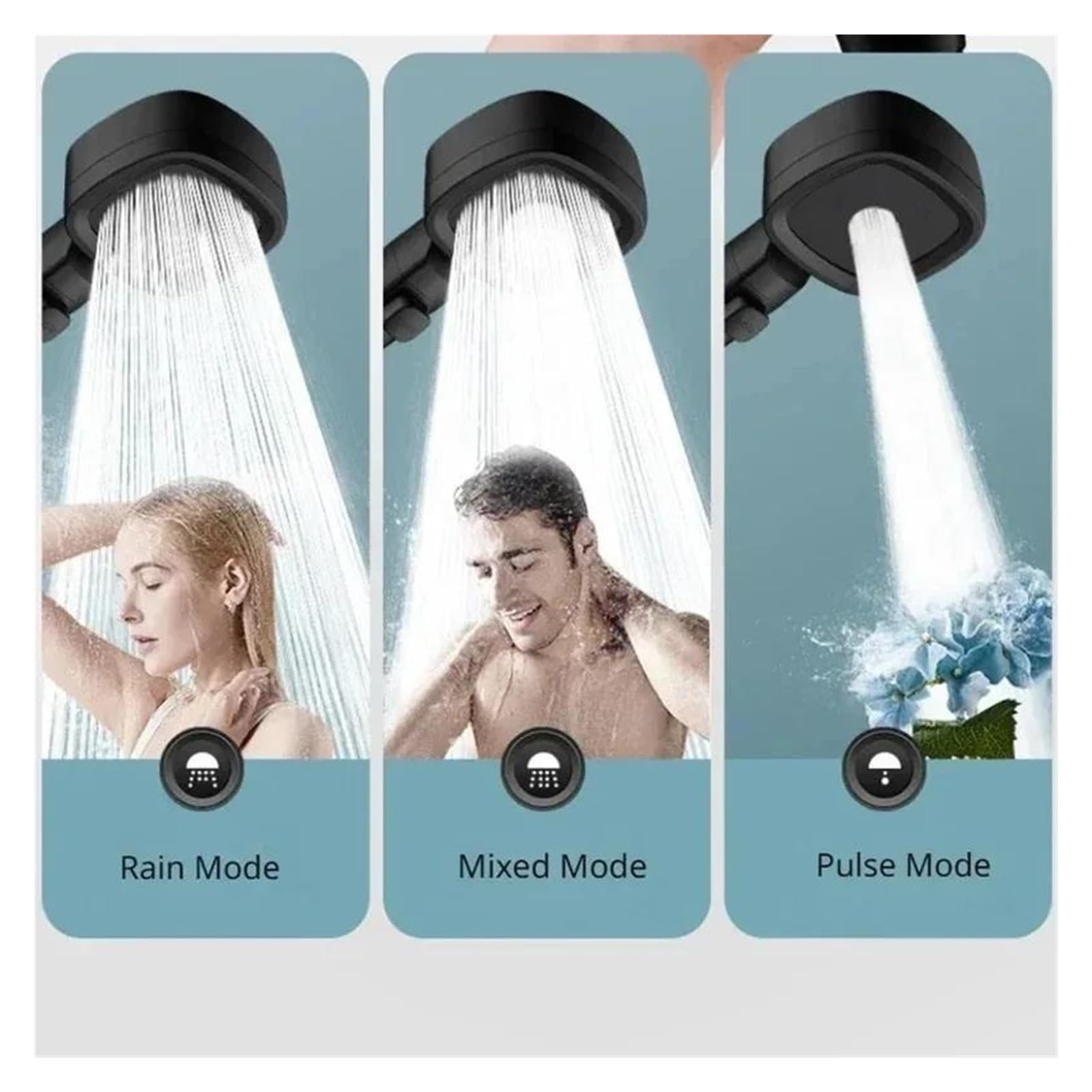 Soffione doccia ad alta pressione con risparmio idrico, 3 modalità di soffione doccia, arresto acqua con un solo tasto regolabile(Black with hose)