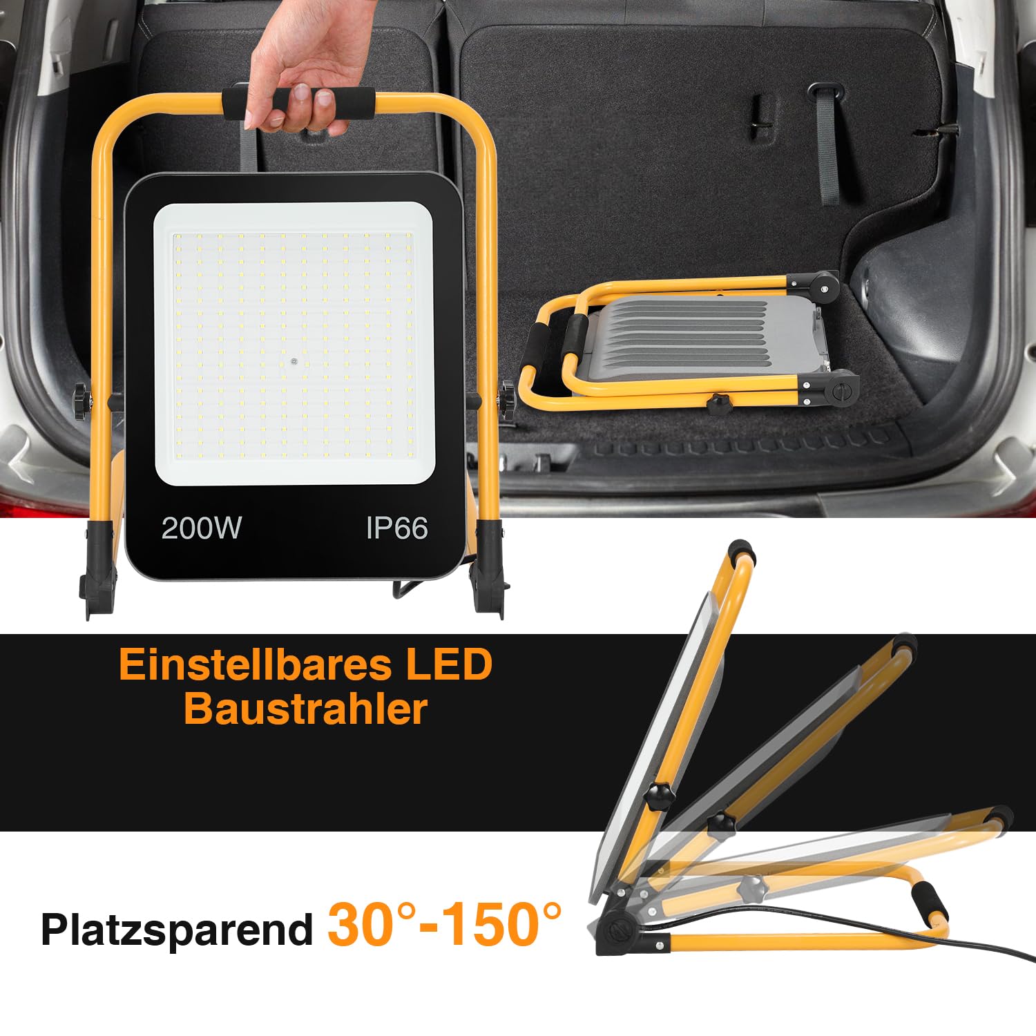 Ikodm 2 piezas 200W Foco de Trabajo LED, Foco LED Portátil con Soporte Plegable, 16000LM 6000K Luz Blanca, IP66 Focos Led Uso en Interiores y Exterior, Cable 3M con Enchufe