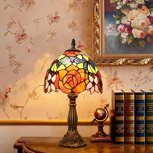 Miniatura 7 de Lámpara de mesa estilo Tiffany, 3 temperaturas de color, lámparas de cristal de color rosa, lámpara de mesa pequeña antigua para mesita de noche,