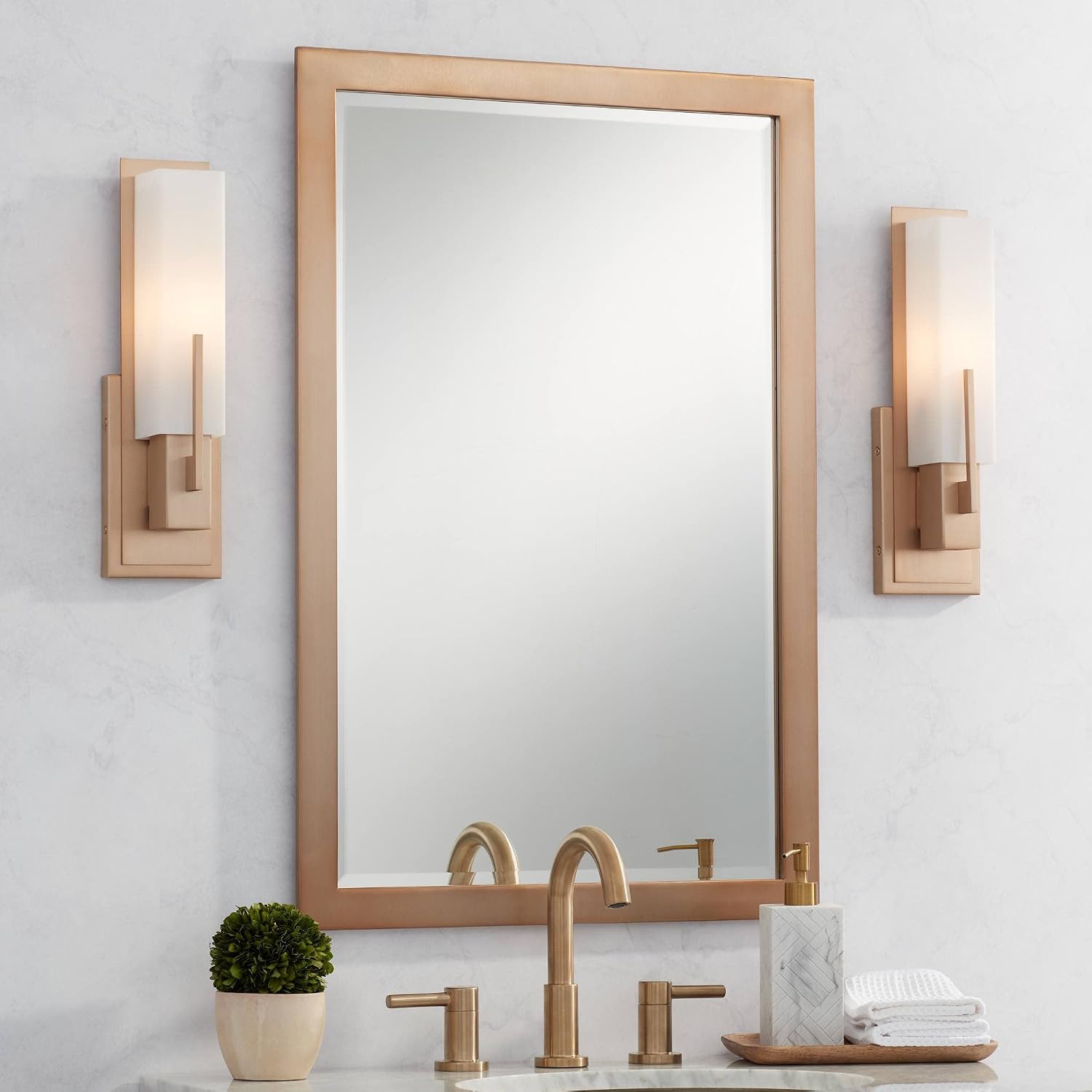 Possini Euro Design Midtown Modern Wall Light Sconces Set of 2 Burnished Brass Gold Hardwired 4 1/2" Fixture White Glass Shade for Bedroom Bathroom Vanity Living Room Home Hallway Dining Kitchen