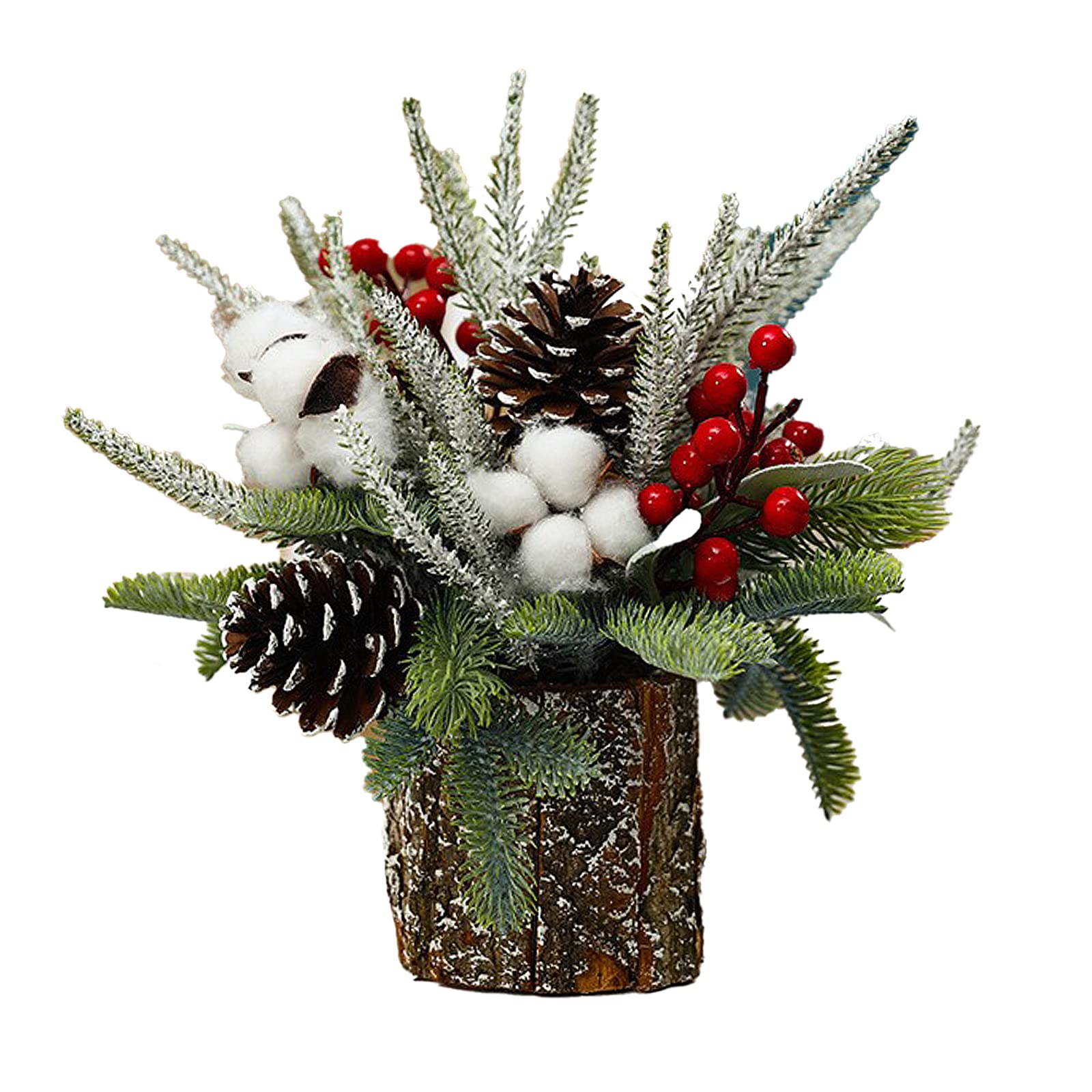 Teahutty Artificial Mini Christmas Tree with Wooden Base, 14.6 Small Tabletop Christmas Tree with Red Berries Pine Cone and Ice Crystals for Home Decor