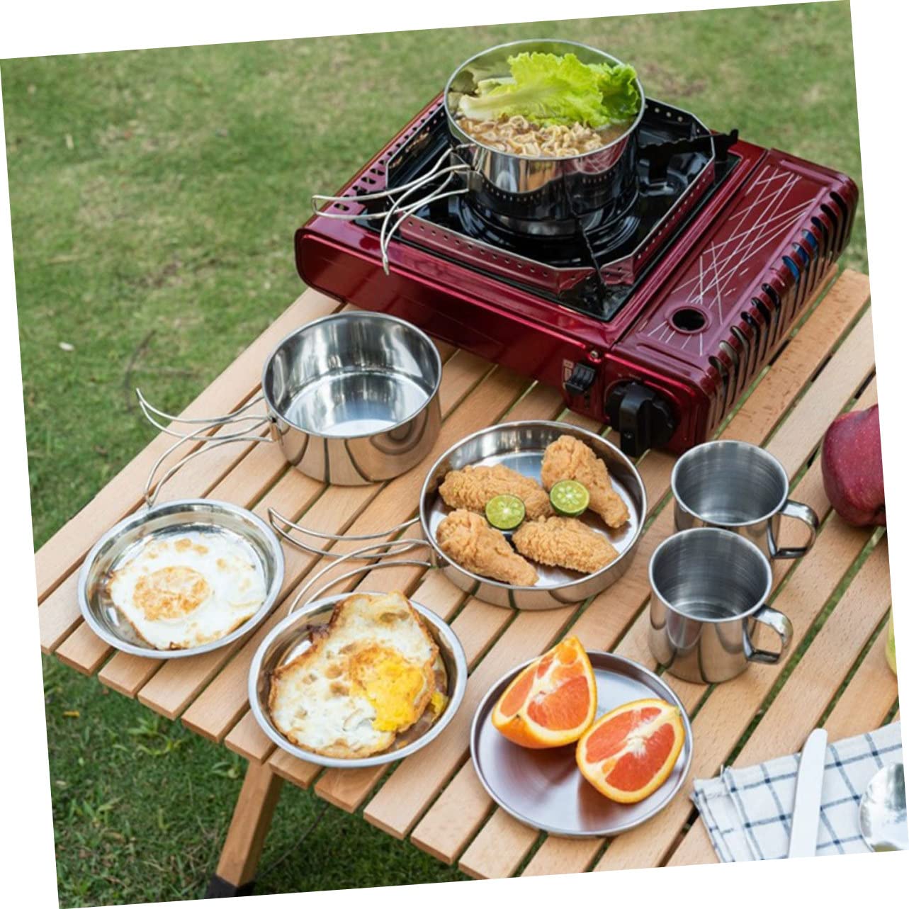 POPETPOP Set de Casserole Pliable Portable en Acier Inoxydable pour Camping | Poêle et Assiettes Rondes, Gobelets Inclus, Format Léger à Emporter pour Randonnée et Pêche