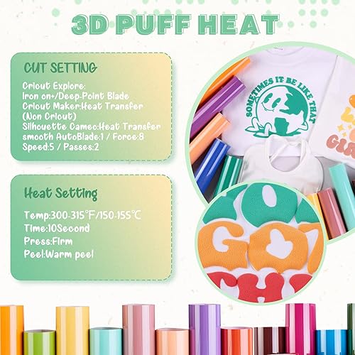 Miniatura 5 de Tintnut Puff Vinyl Heat Transfer - 18 Sheets 12 x 10inches 3D Puff HTV Heat Transfer Vinyl Foaming Puff HTV Colorful Puffy HTV Iron on Vinyl for