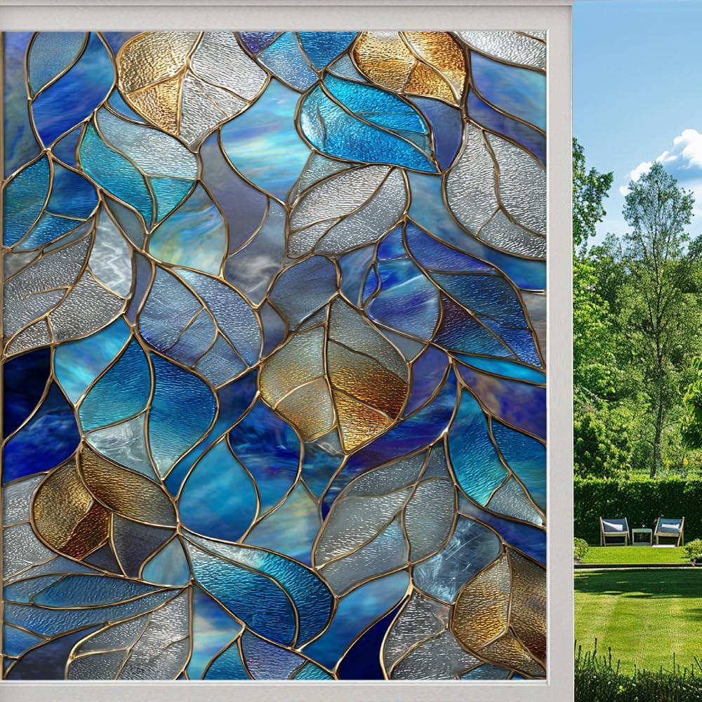 Pmlbaous Abstract Leaves Frosted Window Film, Abstract Natural Plants Stained Glass Privacy Film, Heat Insulation Self-Adhesive Vinyl For Bathroom Office, （80X120cm）