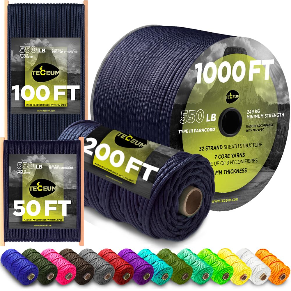 TECEUM Paracord Type III 550 Navy Blue – 60 m – 4mm – Tactical Rope MIL-SPEC – Outdoor Para Cord – Camping Hiking Fishing Gear and Equipment – Parachute Cord – Strong Survival Rope (200ft) 038 — image 1