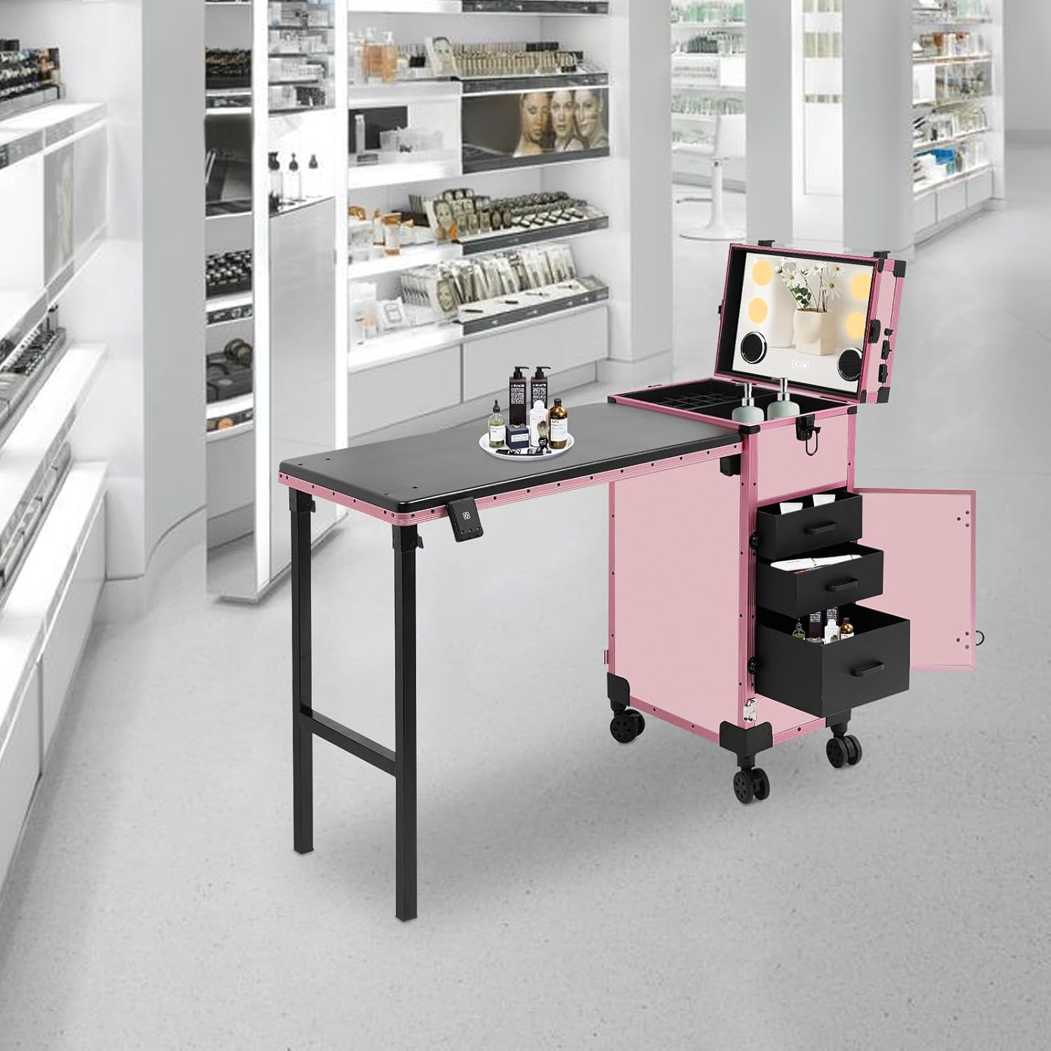 Foldable Nail Desk, Portable Nail Table with 4 Drawers Mirror & Speaker Travel Nail Desk Mobile Manicure Table for Makeup Artists (Pink)