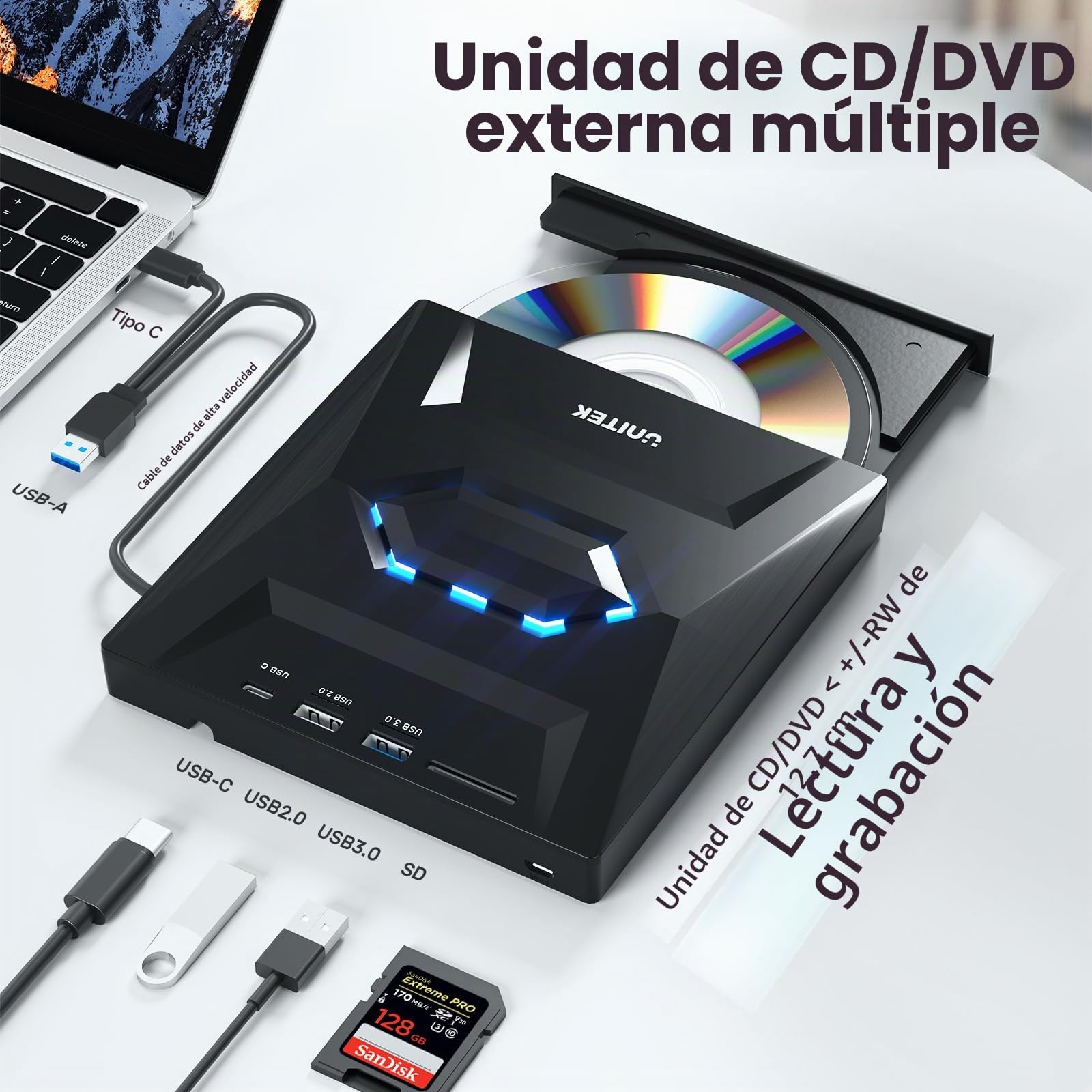 Unitek Unidad externa de CD y DVD,USB C portátil CD/DVD +/-RW,reproductor de DVD con lector de tarjetas SD,USB 3.0, USB C,grabadora de CD ROM compatible con laptop,PC,Windows,Linux,OS, Surface (Negro)