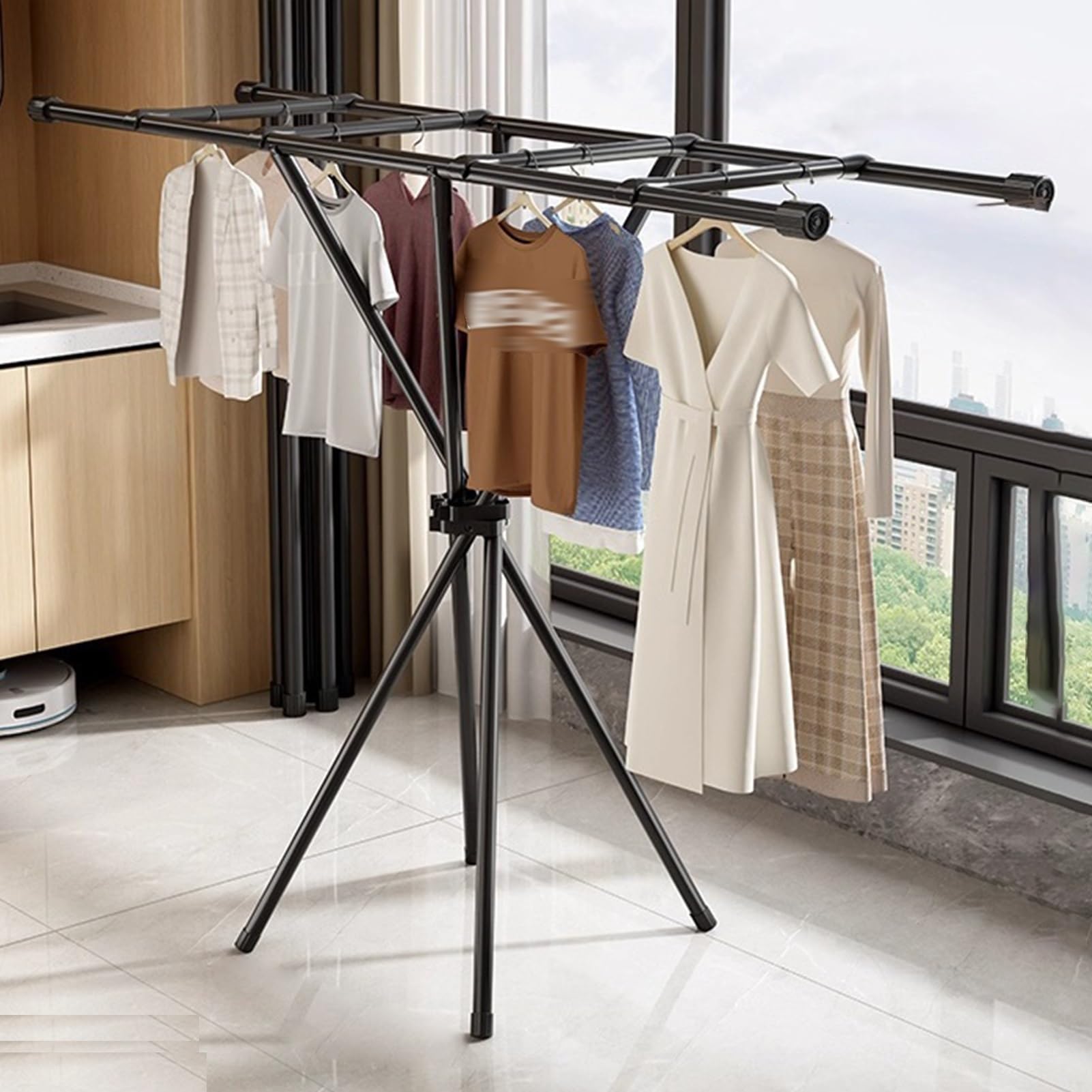 Yaohy Black Foldable Clothing Rack, Multifunctional Expandable Rack For Hanging Clothes, Space-Saving Clothes Rack For Balcony Indoor Laundry Drying(,Four Crossbeams)