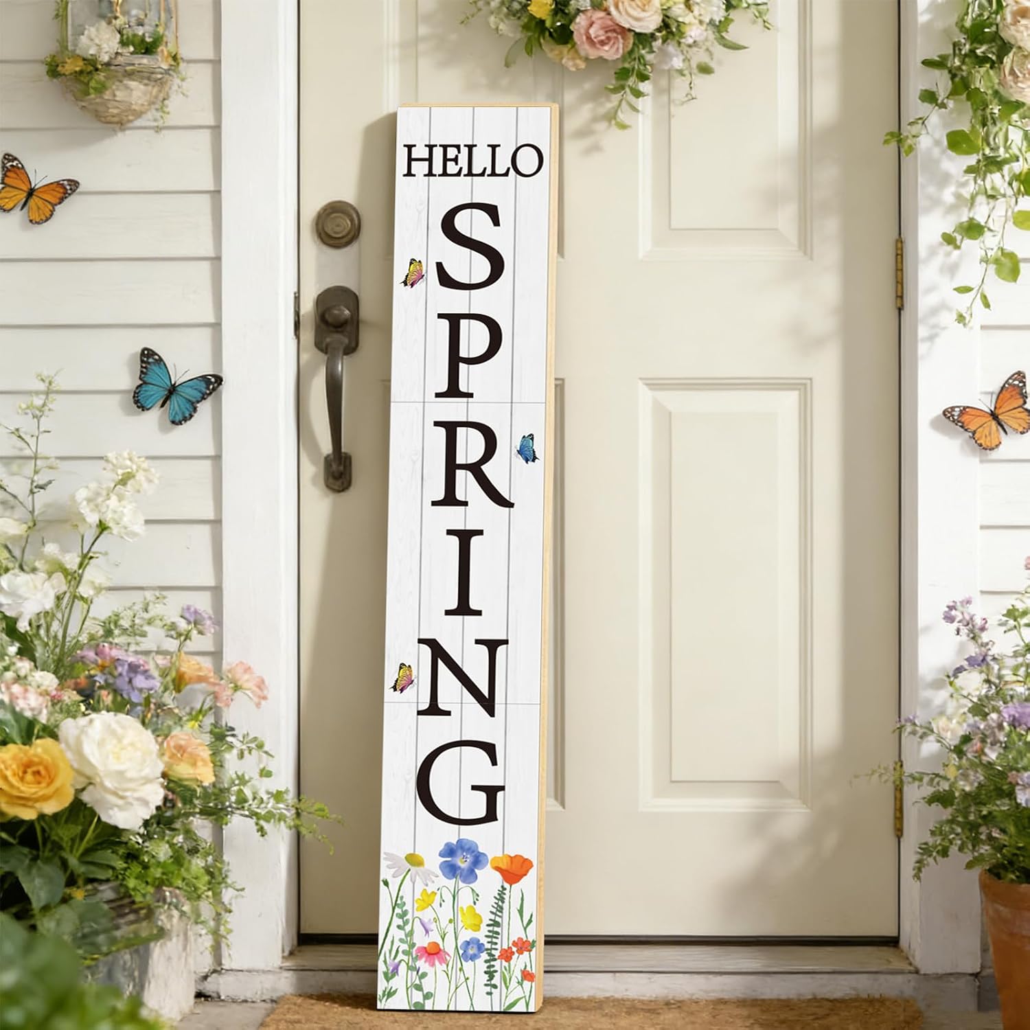Spring Porch Decor Outdoor Decorations Wooden Door Decorations Indoor Outside Wildflowers Spring Porch Sign Rustic Welcome Sign for Front Door 46.8 Inch