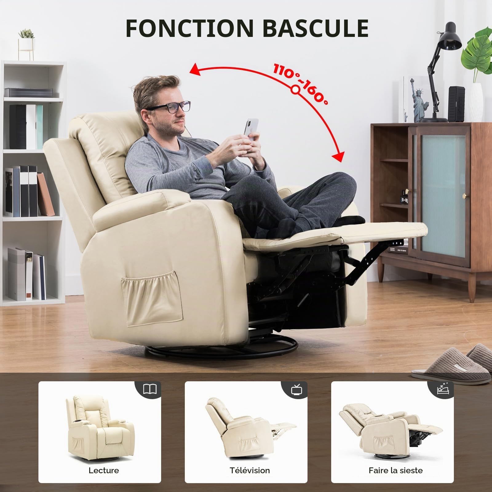 COMHOMA Fauteuil de relaxation avec dossier réglable et repose-pieds, fauteuil de salon pivotant à 360° en cuir synthétique avec porte-gobelets et poches latérales, soutien ergonomique pour tout le