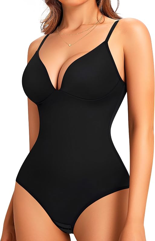 Shapewear Bodysuits for Women Deep V Neck Body Suit with Built in Bra