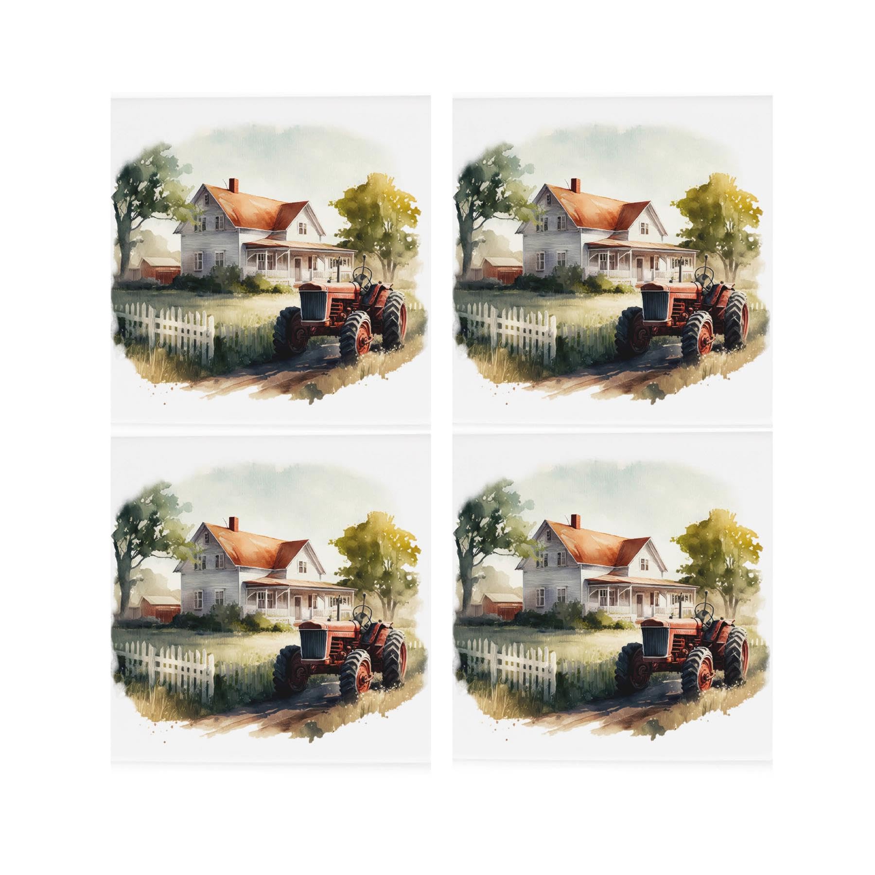 Purely Home Farmhouse Ceramic Coaster Set - Countryside Tractor Farming Gift Square Set Of Four (4) Coasters