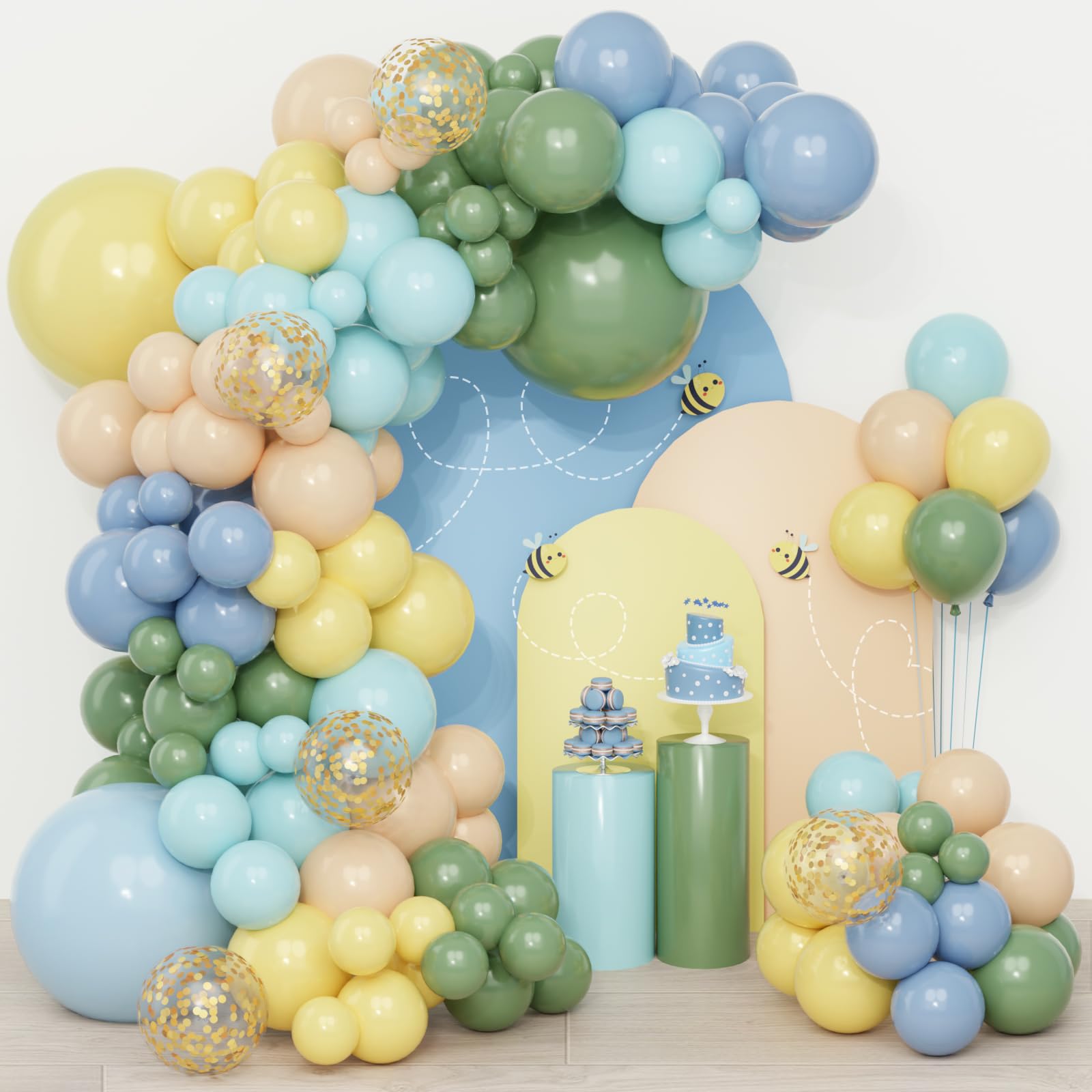 Classic Bear Balloon Arch Kit-QIFU 108pcs Dusty Blue Green Yellow Pastel Orange Light Blue With Gold Confetti For Kids Bee Theme Birthday Decorations Gender Reveal Baby Shower Garden Party Decorations โ image 1