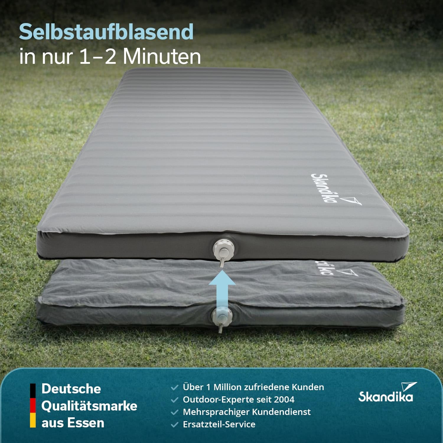 Skandika Karimata Easy 3D Premium Compact | materac dmuchany dla 1 osoby, samopompująca, z workiem z pompką, wodoodporna, powierzchnia Softtouch, obciążenie do 150 kg, do aktywności na świeżym