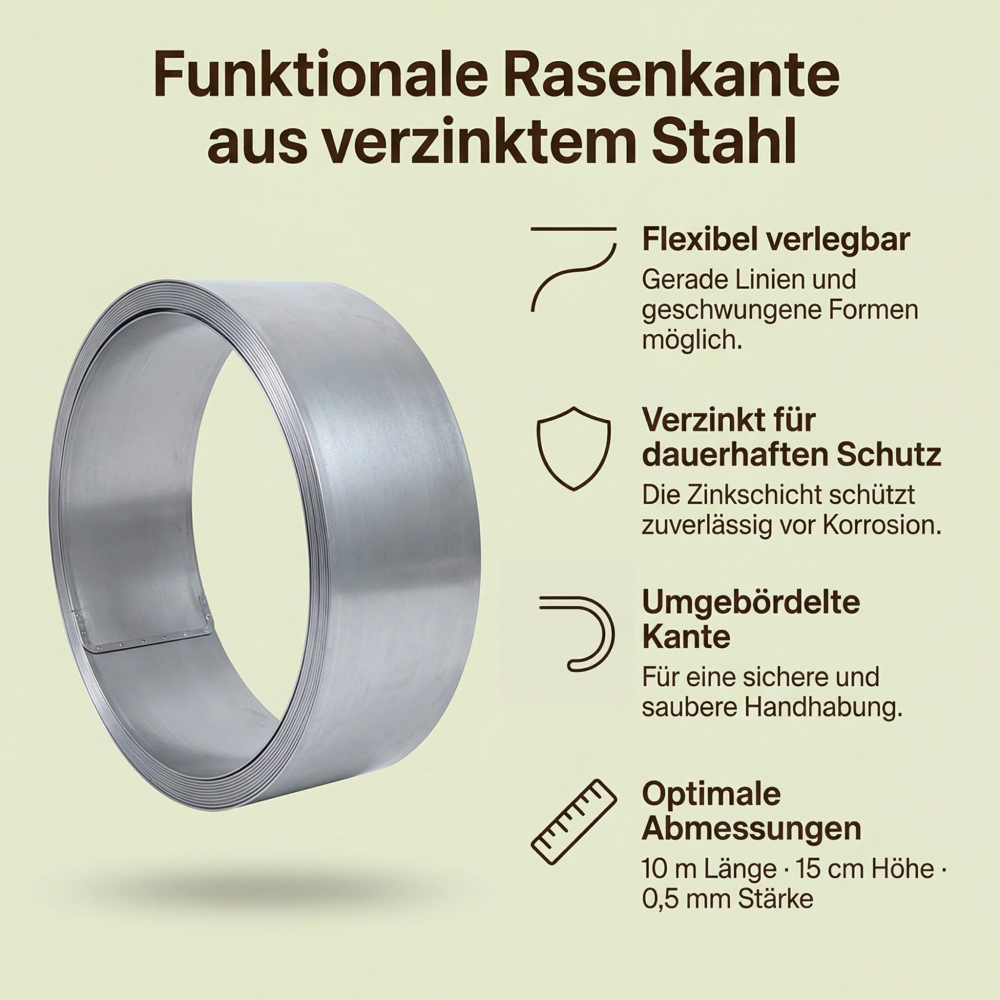 Rasenkante Metall 10m x 15cm 0,5mm verzinkt Rasenkantenband für Garten als Flexible Beeteinfassung Mähkante Beetumrandung Wurzelsperre