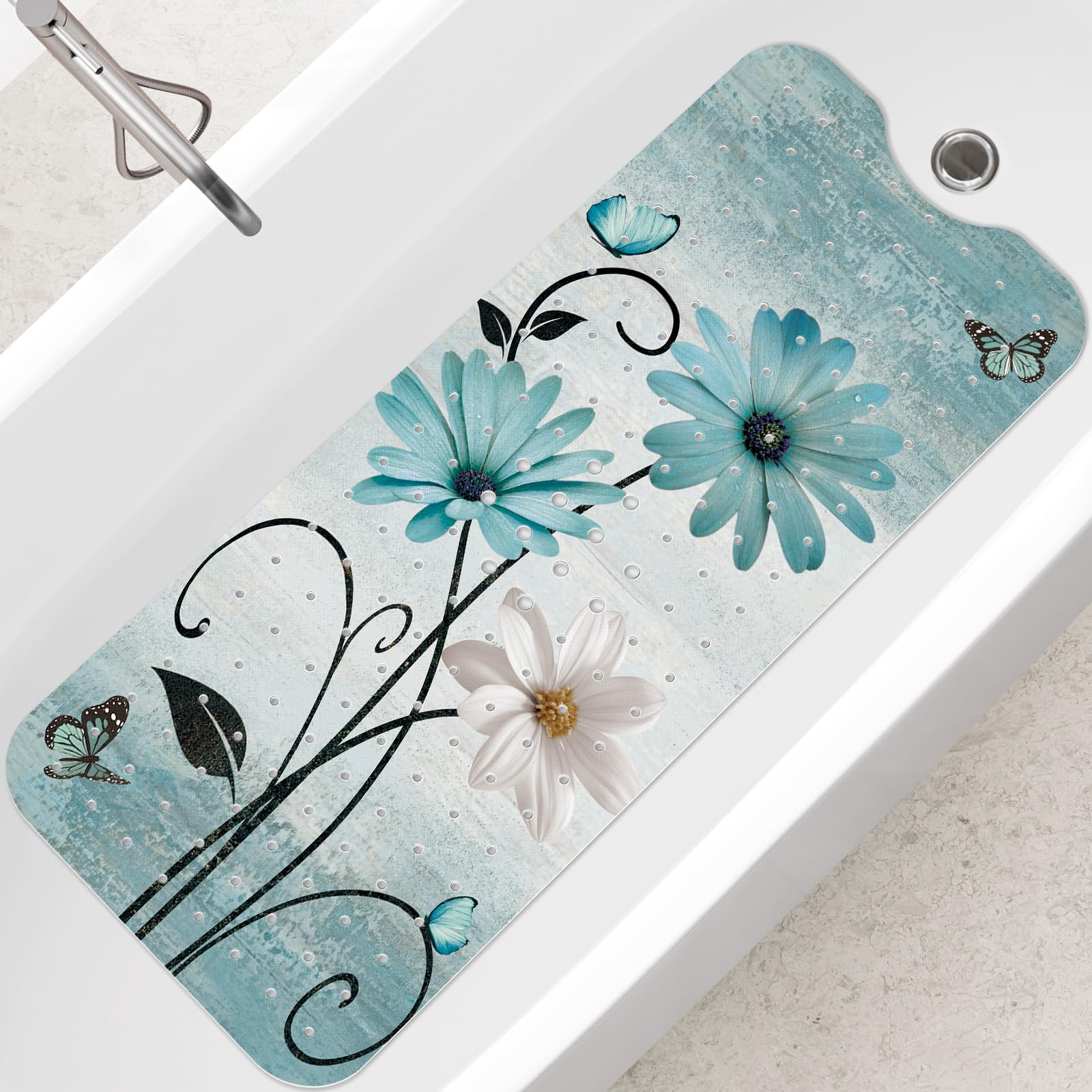 SHUCHING Turquoise Daisy Flower Bath Mat Non Slip Anti Mould, 100 X 40 cm Extra Long Bathtub Mat Anti Slip, Shower Mat Non Slip Anti Mould for Bathroom Machine Washable