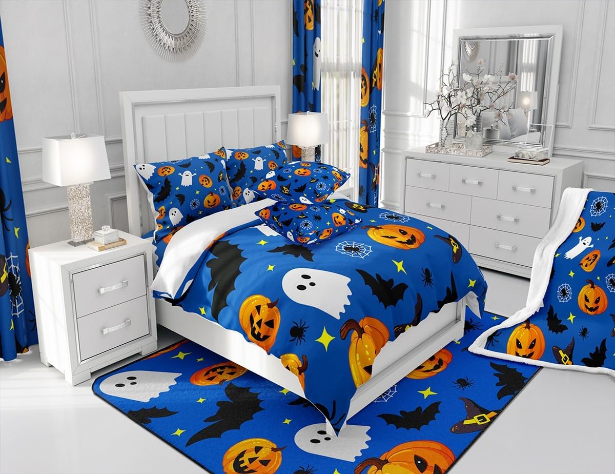 Manfei Cute Pumpkin Comforter Set Full Size, Halloween Theme Quilt Set with 2 Pillowcases, Gothic Ghost Bats Spider Bedding Set 3pcs for Kids Boy Girls Room Decor Lightweight Duvet Insert