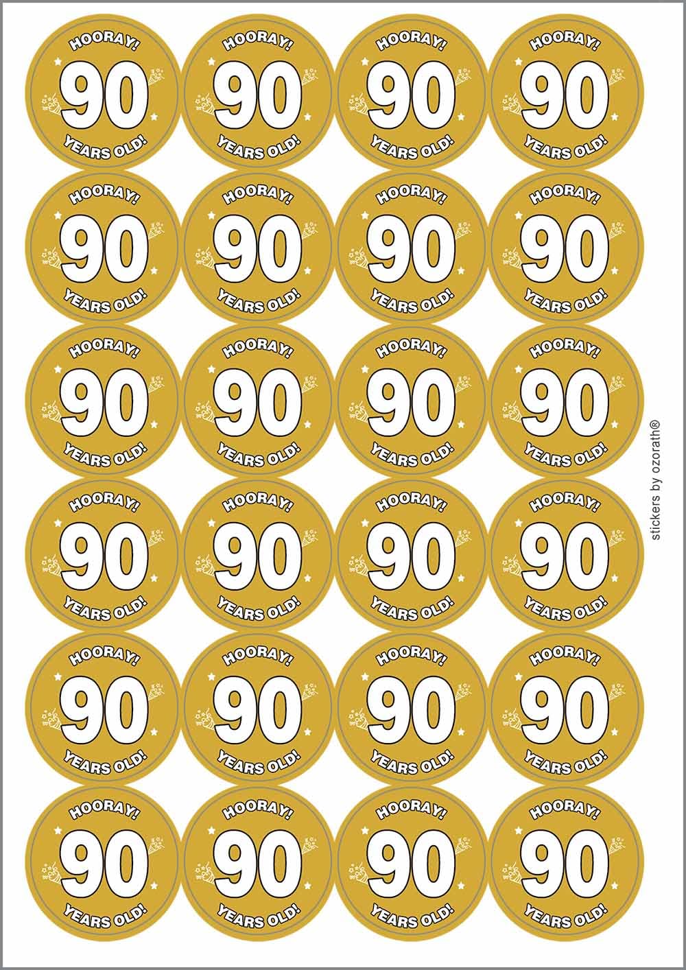 Hooray 90 Ninety Ninetieth 90th Birthday Circular Matt Paper Stickers A4 Sheet of 24 (Each Sticker is 45mm Diameter)