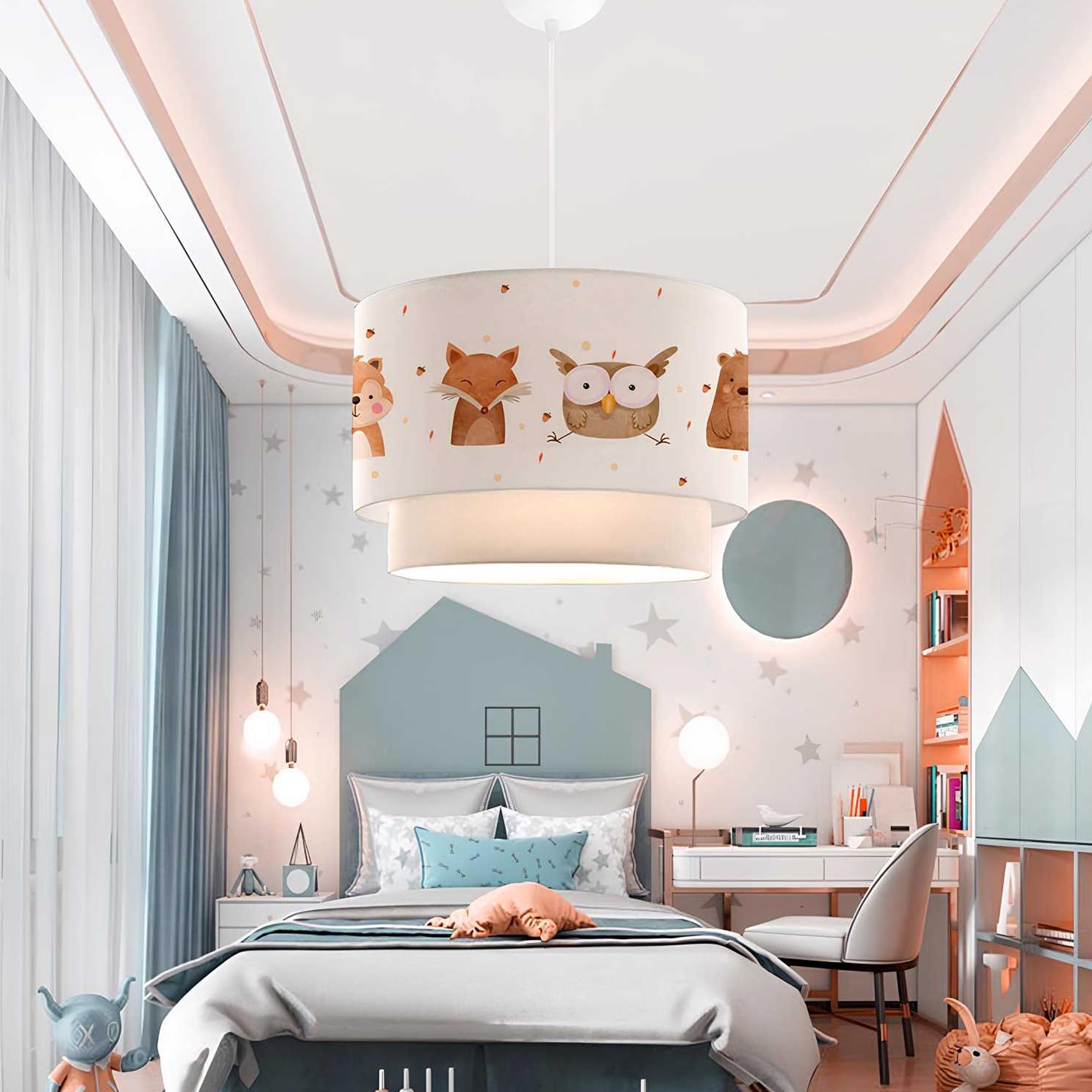 lux.pro Lampada a Sospensione per Cameretta Lampadario per Bambini Lampada da Soffitto con Doppio Paralume Cilindrico Decorato con Animali della Foresta - Bianco