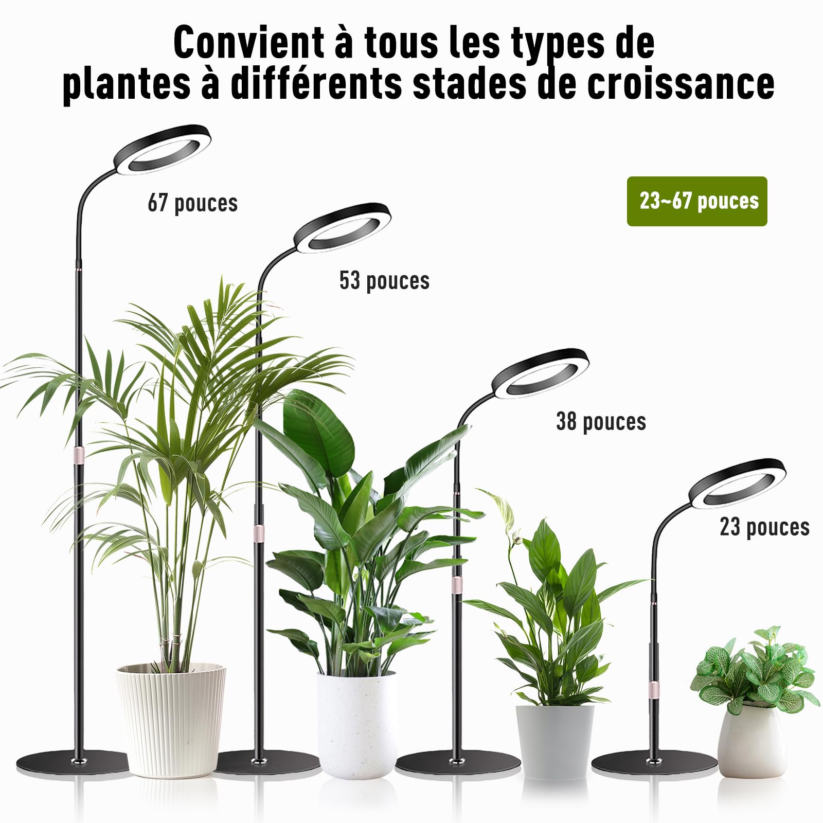 Lampe Horticole LED, Spectre Complet 380-800nm avec Minuterie 6/12/16H, 3 Modes & 10 Niveaux de Luminosité, Hauteur Réglable 57-170cm, pour Plantes d'Intérieur, Livrée avec Timer et Adaptateur