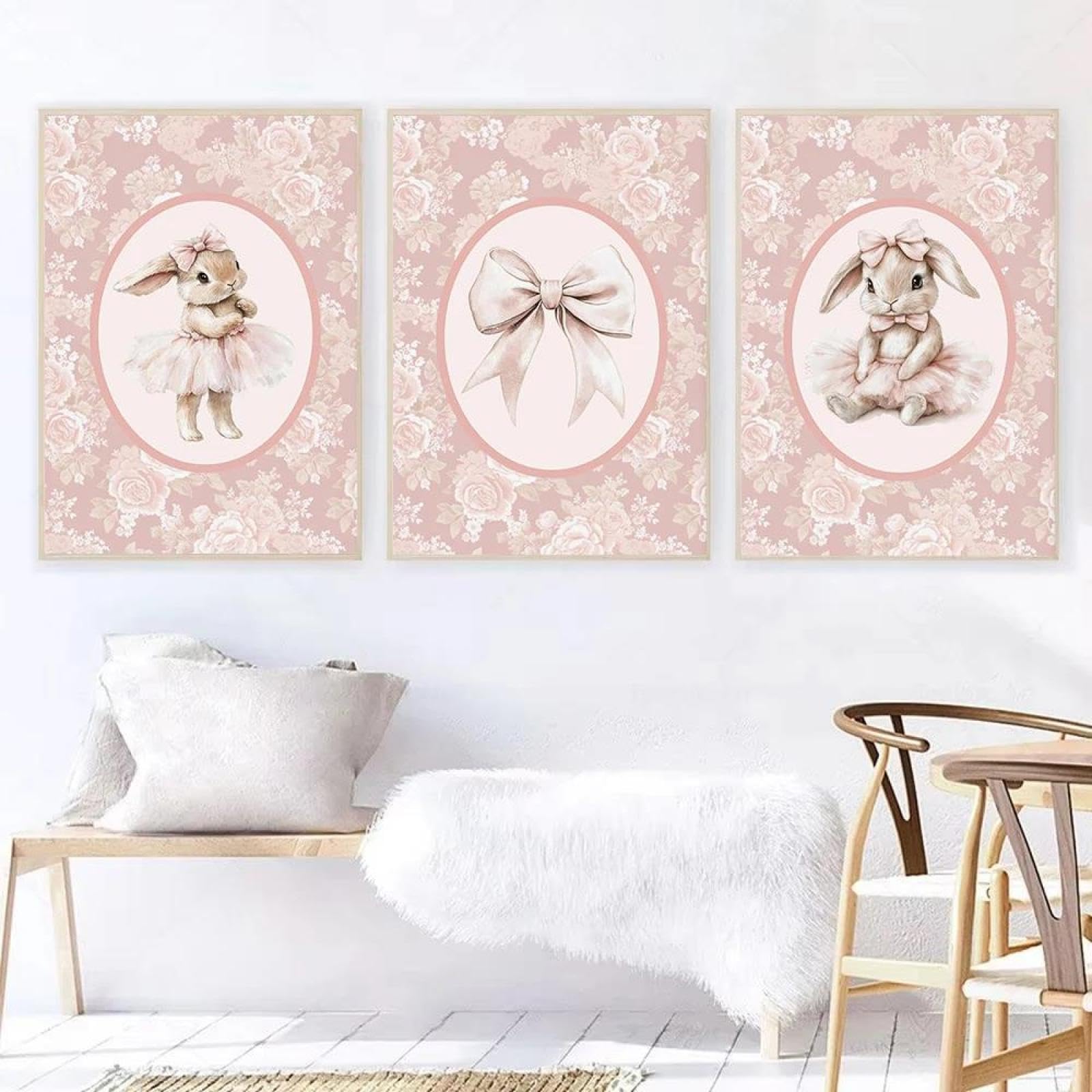 Baibexing Girls Pink Vintage Floral Bunny Ballerina Ballet Shoes Bow Poster Prints Canvas Painting Wall Art Picutre Nursery Home Decor 30X40cmx3pcs Unframed